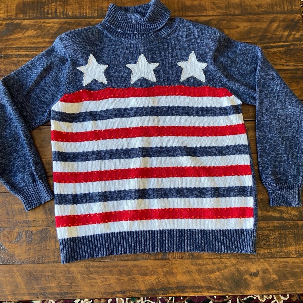 Vintage Tiara International Sweater Patriotic Flag S Women Blue‎ Red